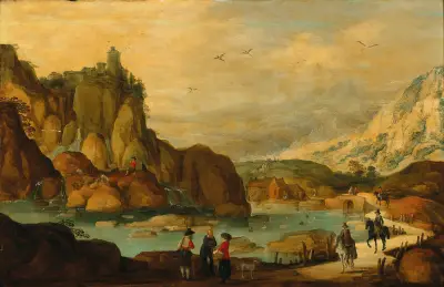 A rocky landscape with travellers on horseback near a stream av Joos de Momper