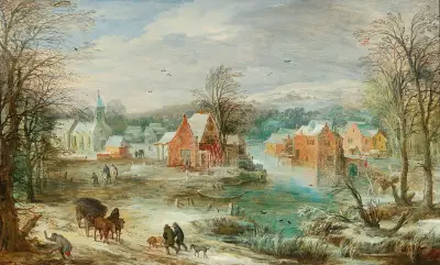 A winter landscape with a village and travellers on a path av Joos de Momper