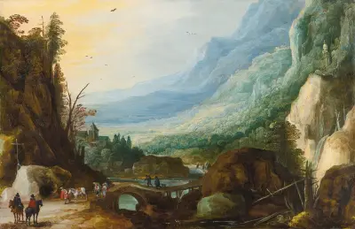 Mountainous Landscape With A Bridge Across A River av Joos de Momper