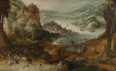 River Landscape with Boar Hunt av Joos de Momper