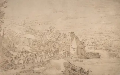 River Landscape with Wagons on a Road near a Village av Joos de Momper