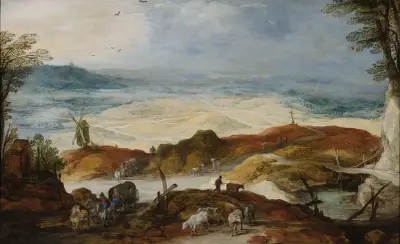 Sandy landscape with travellers and cattle av Joos de Momper