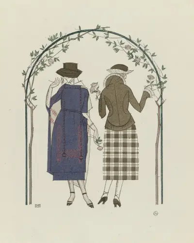 Les premières roses ; Tailleur et robe d’après-midi, de Worth, 1920 – nr 2 av Bernard Boutet de Monvel