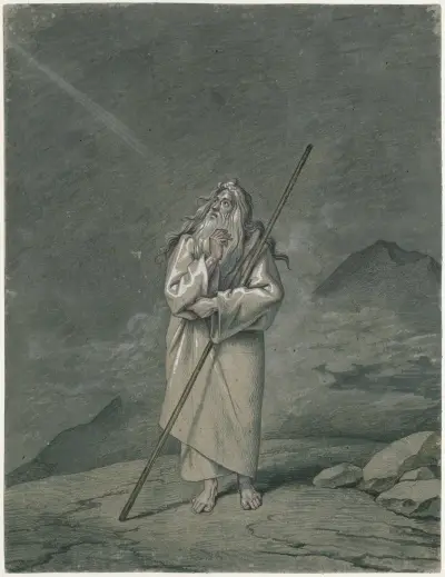 Abraham de aartsvader: man met staf in desolaat gebied av David Humbert de Superville