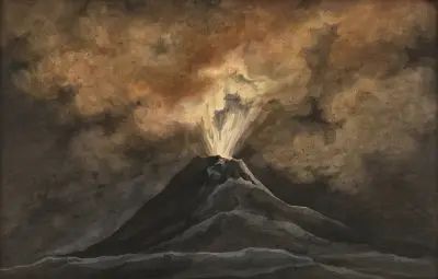 An erupting volcano by night av David Humbert de Superville