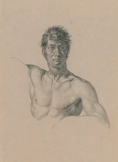 Borstbeeld en face v.e. naakte man, leunend op een arm av David Humbert de Superville