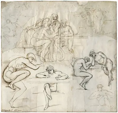Diverse nakenfigurer i olika ställningar vid bord av David Humbert de Superville