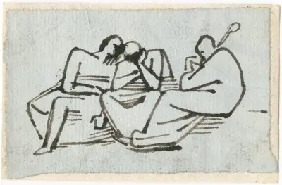 Drei sitzende Figuren, von denen eine einen Stab hält von David Humbert de Superville