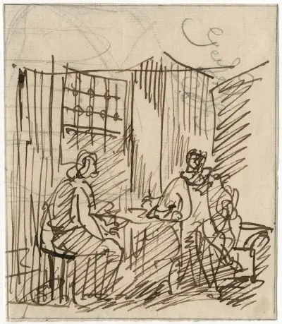Figur vid bord: Oldenbarnevelt i fångenskap av David Humbert de Superville