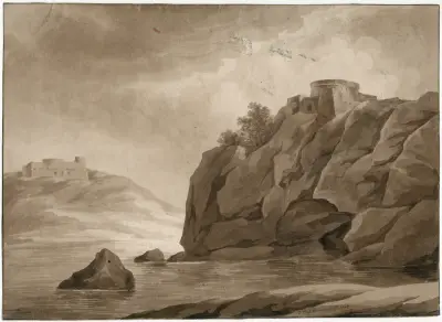 Hohe Klippen mit Festung an beiden Ufern eines Flusses von David Humbert de Superville
