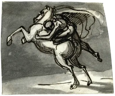 Man som håller sig fast vid stegrande häst av David Humbert de Superville