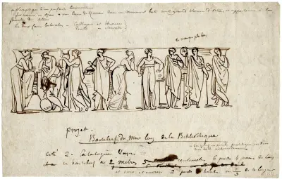 Relief from a sarcophagus with the nine Muses, intended by Humbert as decoration of a lbrary av David Humbert de Superville