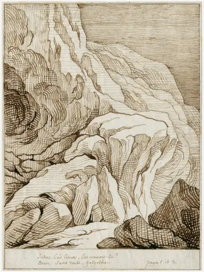 Felslandschaft mit Aufschrift: '…sans doute Golgotha.' von David Humbert de Superville