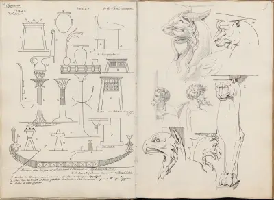 Mehrere ägyptische Objekte, Details aus einem Fresko von Raffael und römische Möbel von David Humbert de Superville