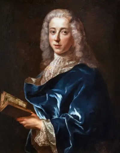 Portrait d’un homme au manteau bleu tenant un livre av Jean-François de Troy
