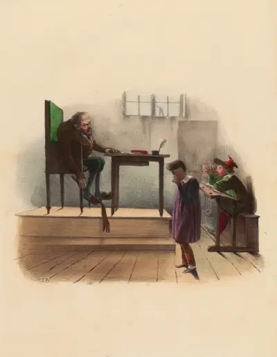Ecole de Mr. Mayeux. C’est pas moi Monsieur. C’est machin qui m’appelle toujours heuriquicuistre av Charles-Joseph Traviès de Villers