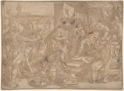 Holofernes inför Nebukadnessar (Judit 2:4–13) av Maerten De Vos