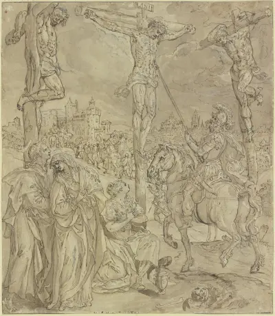 Kreuzigung Christi, Longinus sticht Christus in die Seite av Maerten De Vos