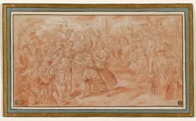 Laban and Rebecca Receiving Eliezer av Maerten De Vos