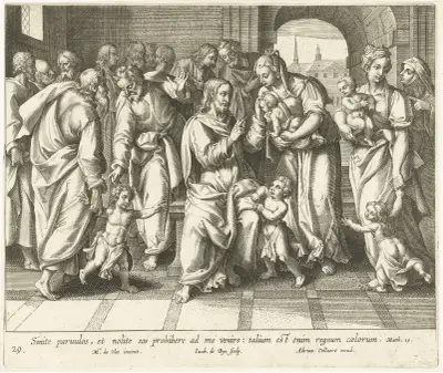 Let the Little Children Come to Me (Christ Blesses the Children) av Maerten De Vos