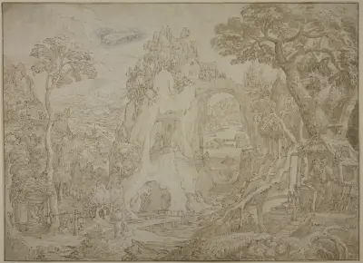 Weite Gebirgs- und Flachlandschaft mit verschiedenen Stationen aus dem Leben eines heiligen Einsiedlers (des Heiligen Antonius) av Maerten De Vos