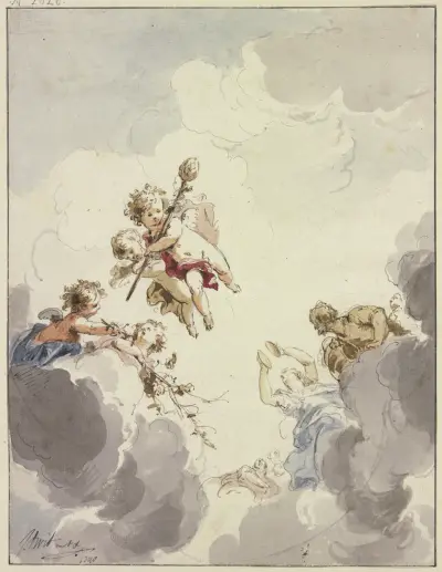 Amoretten mit einem Thyrsusstab und Bacchanten in Wolken av Jacob de Wit