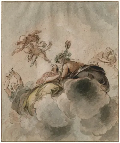 Bacchanter och putti bland molnen av Jacob de Wit
