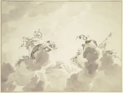 Bacchus, Ceres und Flora mit Gefolge in Wolken schwebend av Jacob de Wit