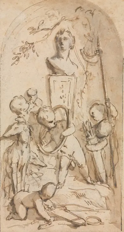 Bust of Diana with Putti and Hunting Attributes av Jacob de Wit