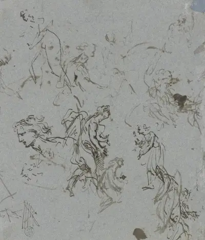 Huvud av en man i profil, flera gående figurer samt pennprov av Jacob de Wit