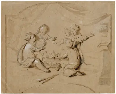 Putti som värmer sig vid en eld, vintern av Jacob de Wit