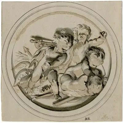 Sittande putto i en medaljong av Jacob de Wit