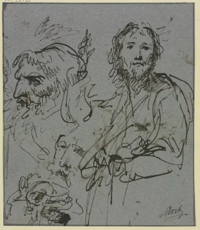 Studieblad; profilhuvud av en man samt bröstbild av en man av Jacob de Wit