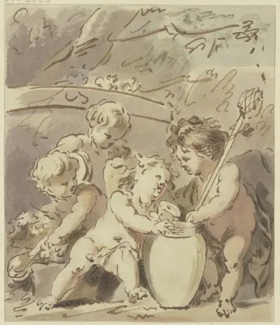 Vier Amoretten bei einer Vase av Jacob de Wit