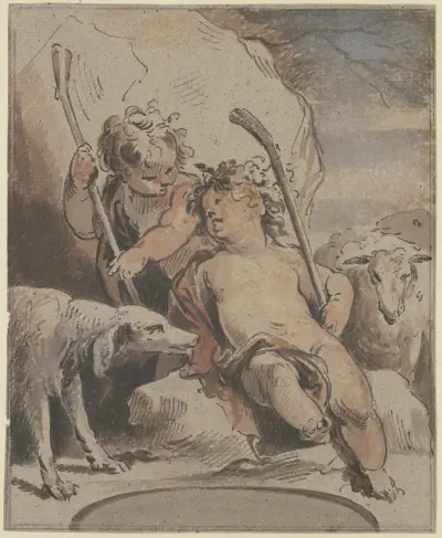 Två amoretter med en hund och ett lamm av Jacob de Wit