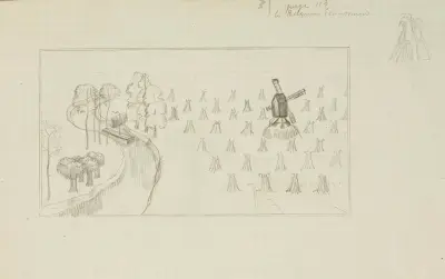 Studie med flodvy och segelbåt, träd, höstackar och en kvarn av Gustave Van de Woestijne