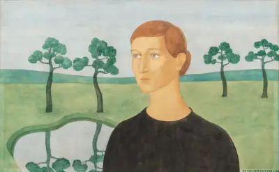 Portrait of a young woman in a landscape av Gustave van de Woestyne
