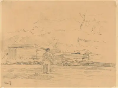 Landschap met man in het midden voor een schuurtje av Willem de Zwart