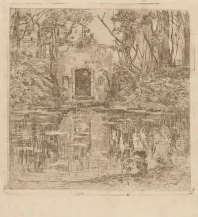 Ruin vid en damm (Lage Vuursche) av Willem de Zwart