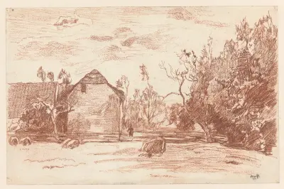 Weiland met grazend vee, links een boerderij av Willem de Zwart