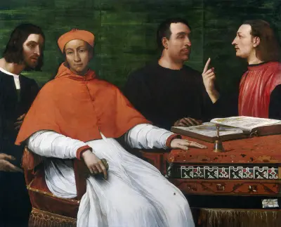 Cardinal Bandinello Sauli,His Secretary and Two Geographers av Sebastiano del Piombo