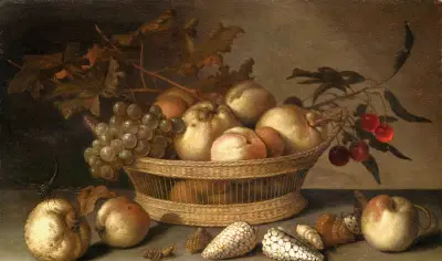 A Basket With Cherries, Apples, Peaches And A Bunch Of Grapes, Surrounded By Apples, Peaches, Shells, Bees And A Dragonfly – nr 1 av Balthasar van der Ast
