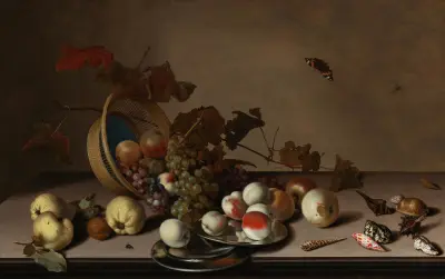 A fruit still life with a wicker basket, shells and a butterfly av Balthasar van der Ast