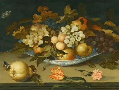 A Still Life With A Delft Bowl Containing Fruit, On A Ledge With Flowers, Insects And A Lizard av Balthasar van der Ast