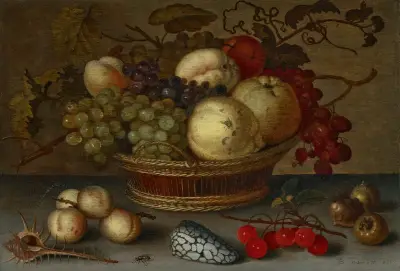 Apples and grapes in a basket, with fruit and shells on a stone ledge av Balthasar van der Ast