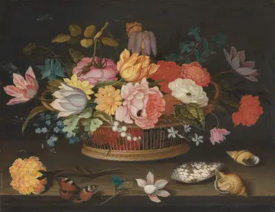Flowers in a wicker basket on a table av Balthasar van der Ast