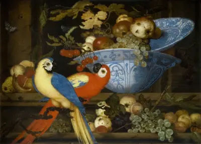 Fruit Still Life With Two Parrots av Balthasar van der Ast
