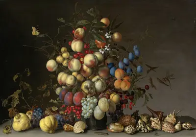 Peaches, Plums, Oranges, Apples, Cherries, Grapes, Red Currants, Black Currants, Crab Apples And Other Fruit In A Pewter Vase av Balthasar van der Ast
