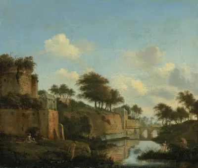 A fortified town with figures bathing av Jan van der Heyden