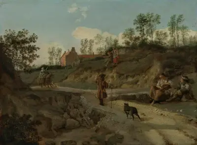 A rural landscape, with figures conversing av Jan van der Heyden